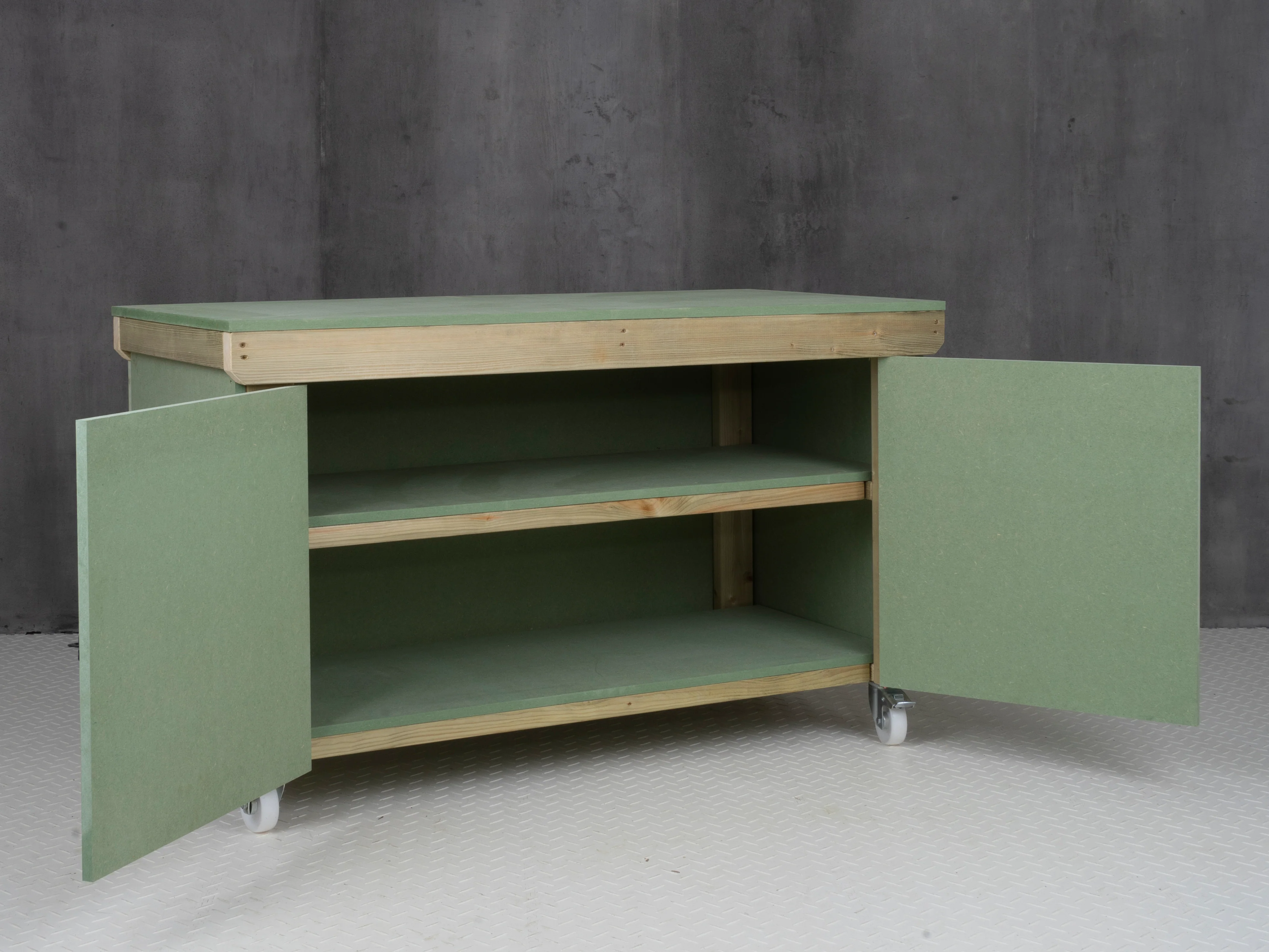 Wooden UniMDF Moisture Resistant Workbench With Lockable Cupboard (V.9) With Wheels, Double Shelf - Image 4