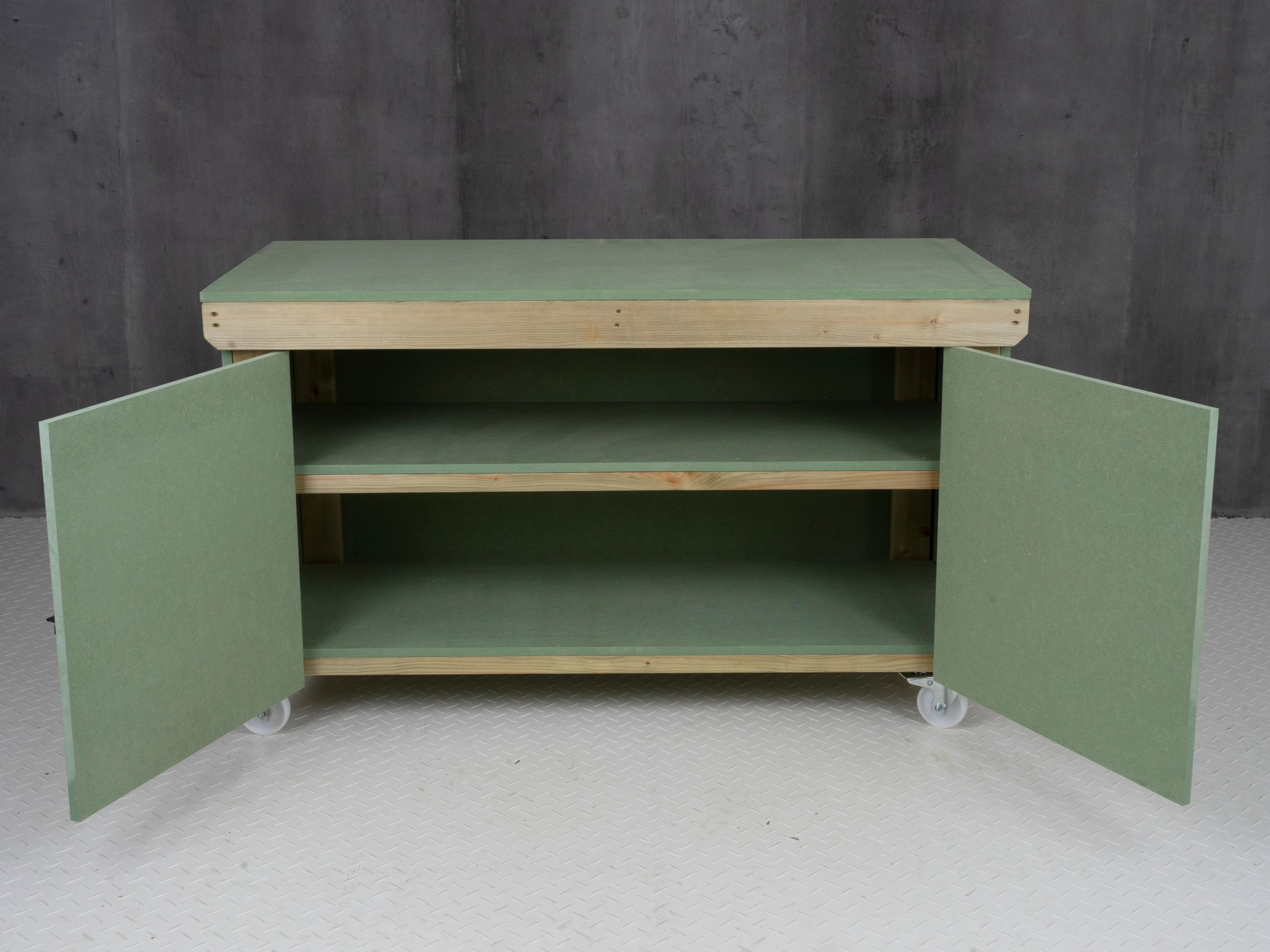 Wooden UniMDF Moisture Resistant Workbench With Lockable Cupboard (V.9) With Wheels, Double Shelf - Image 5