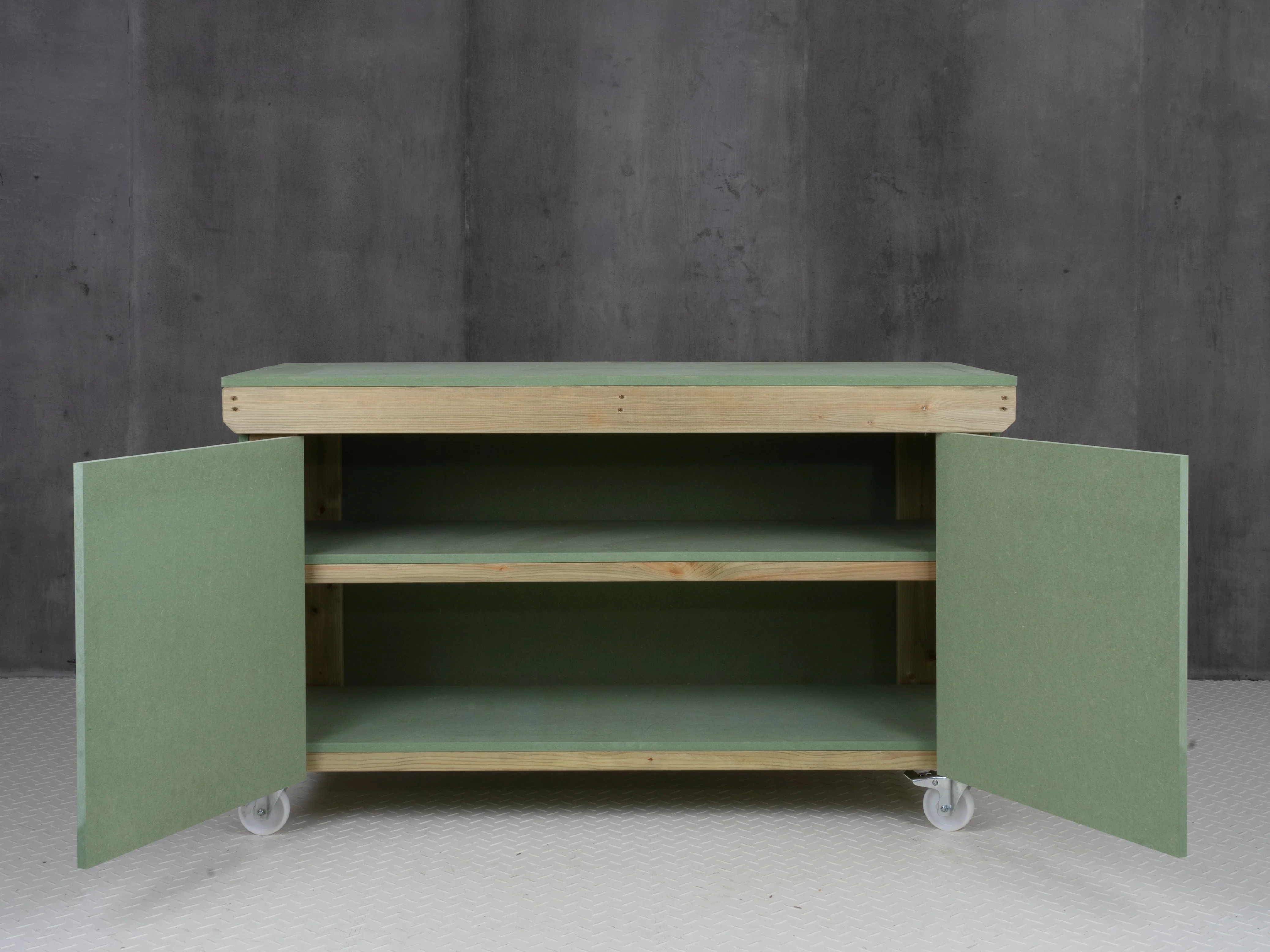 Wooden UniMDF Moisture Resistant Workbench With Lockable Cupboard (V.9) With Wheels, Double Shelf - Image 6
