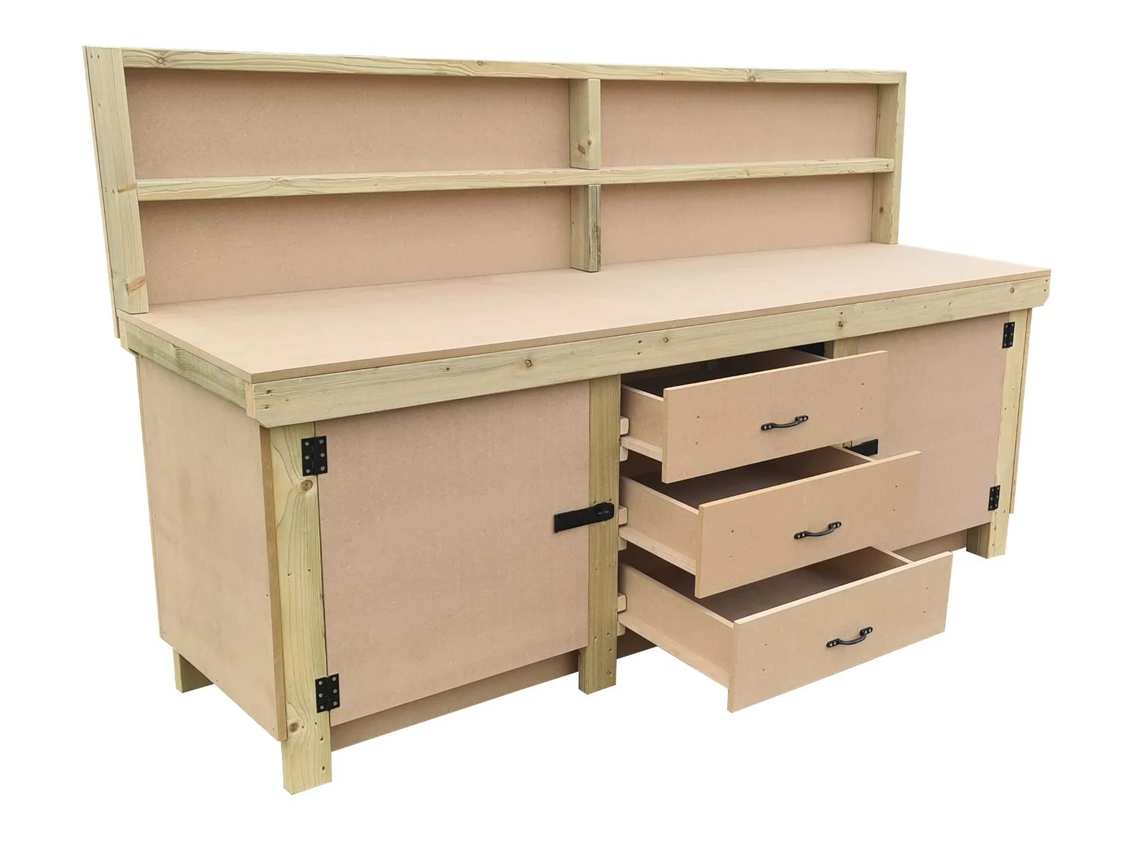 Wooden work bench with drawers and double lockable cupboard (V.8) with back panel - Image 4