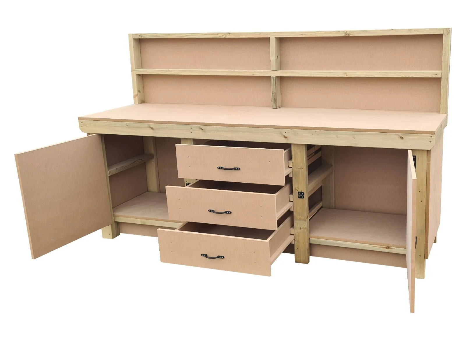 Wooden work bench with drawers and double lockable cupboard (V.8) with back panel - Image 6