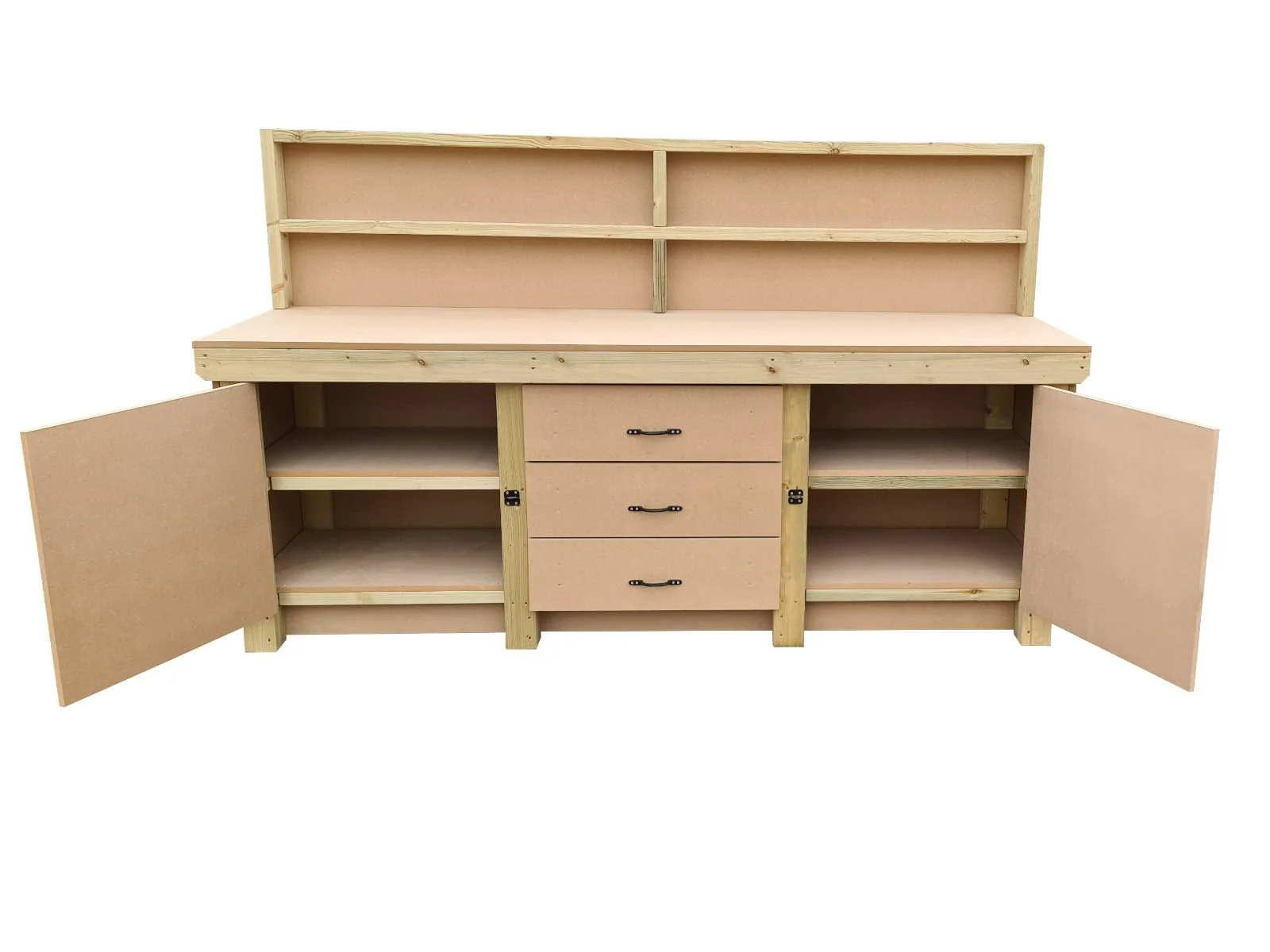 Wooden work bench with drawers and double lockable cupboard (V.8) with back panel and double shelf