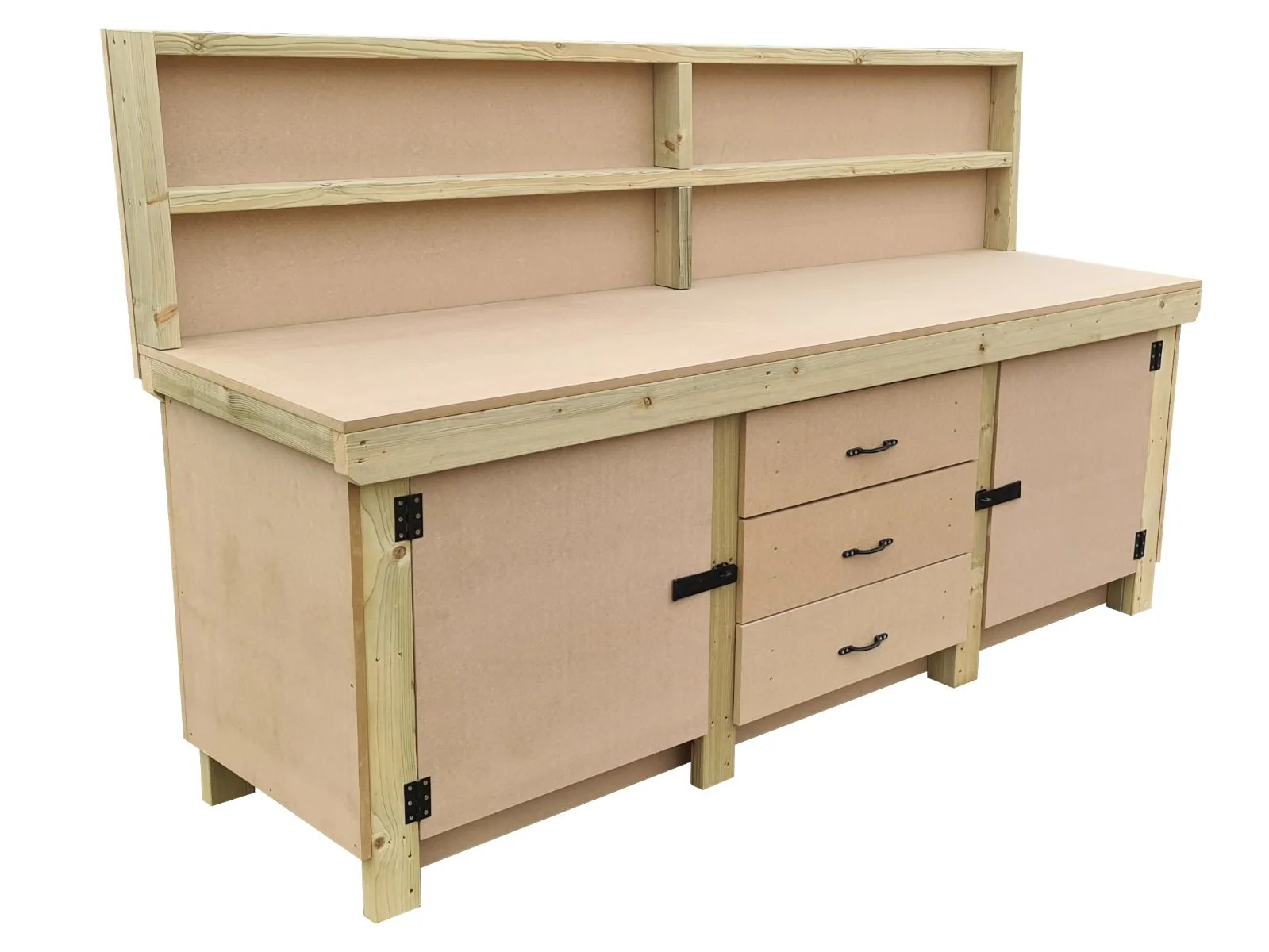 Wooden work bench with drawers and double lockable cupboard (V.8) with back panel and double shelf - Image 3