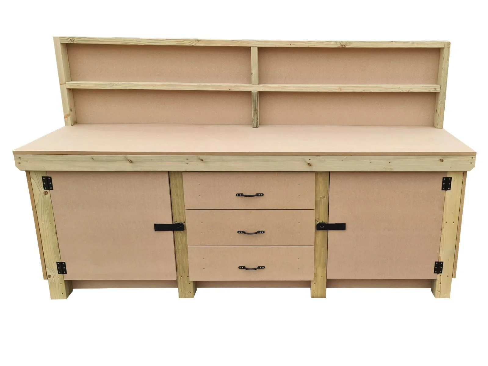 Wooden work bench with drawers and double lockable cupboard (V.8) with back panel and double shelf - Image 4