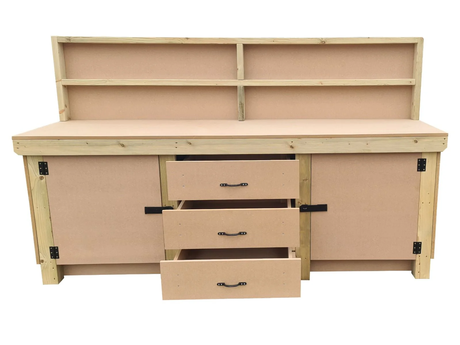 Wooden work bench with drawers and double lockable cupboard (V.8) with back panel and double shelf - Image 5