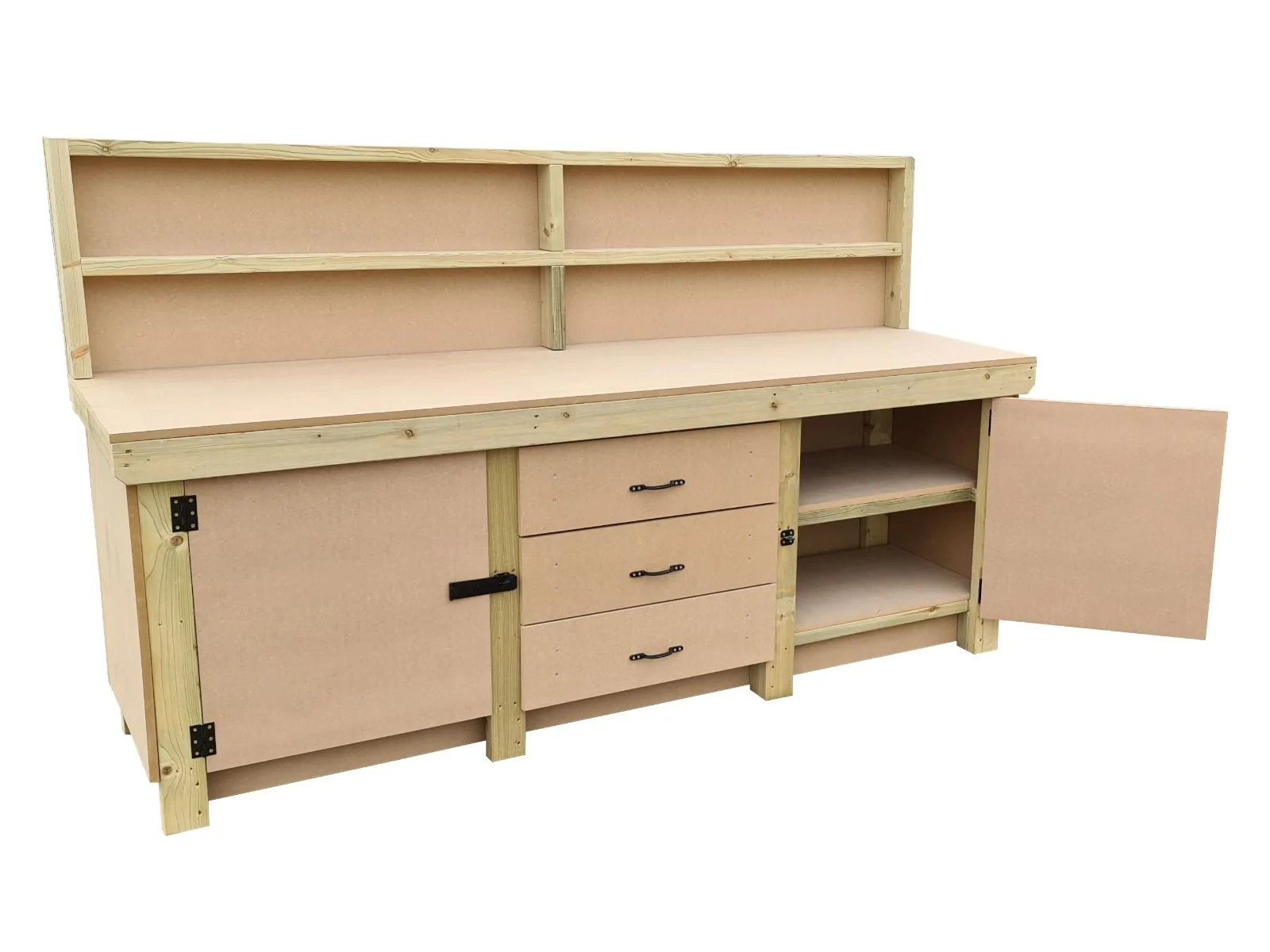 Wooden work bench with drawers and double lockable cupboard (V.8) with back panel and double shelf - Image 6
