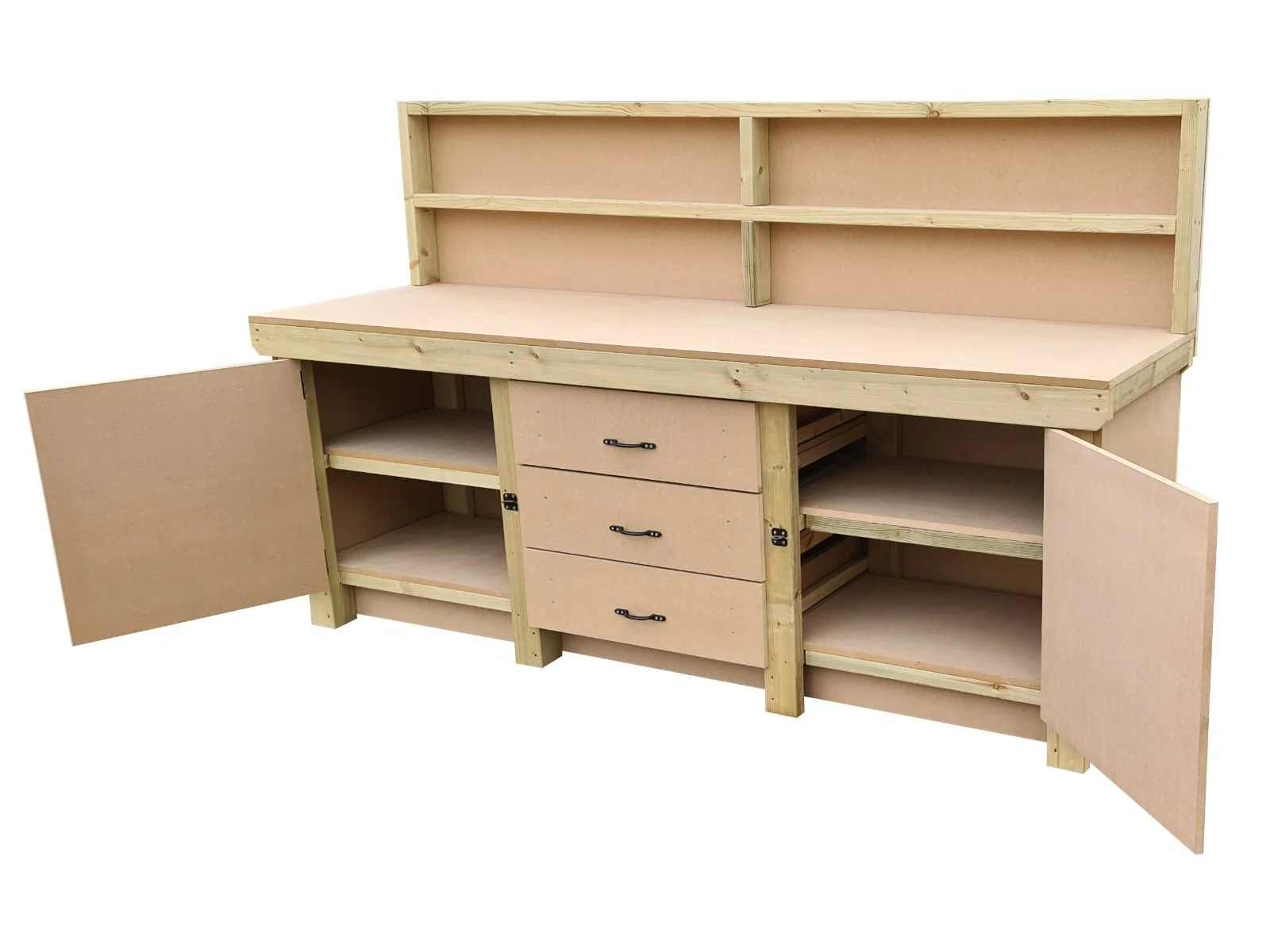 Wooden work bench with drawers and double lockable cupboard (V.8) with back panel and double shelf - Image 7
