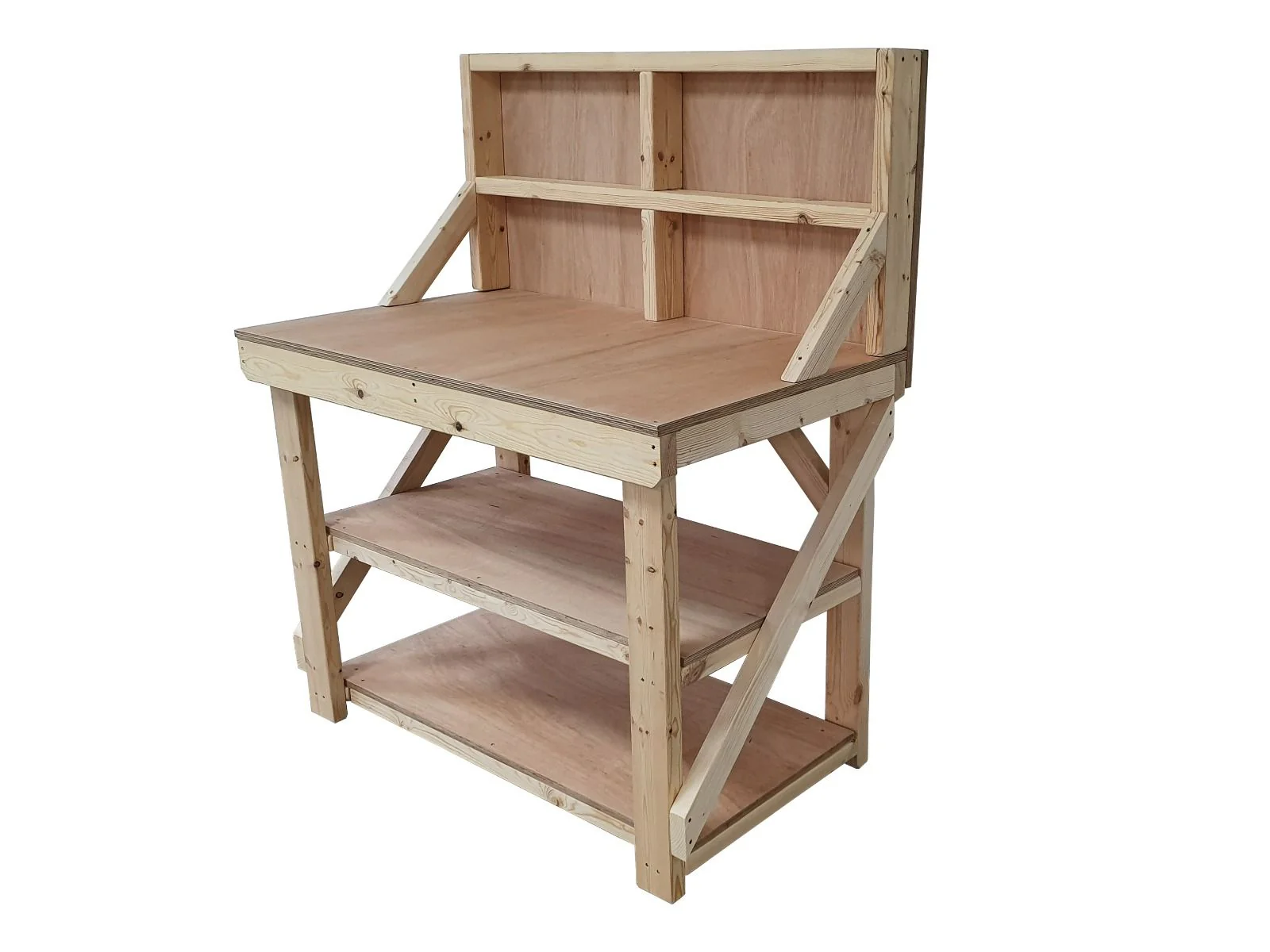 Wooden Workbench 18mm Eucalyptus Hardwood Top With Back Panel And Double Shelf
