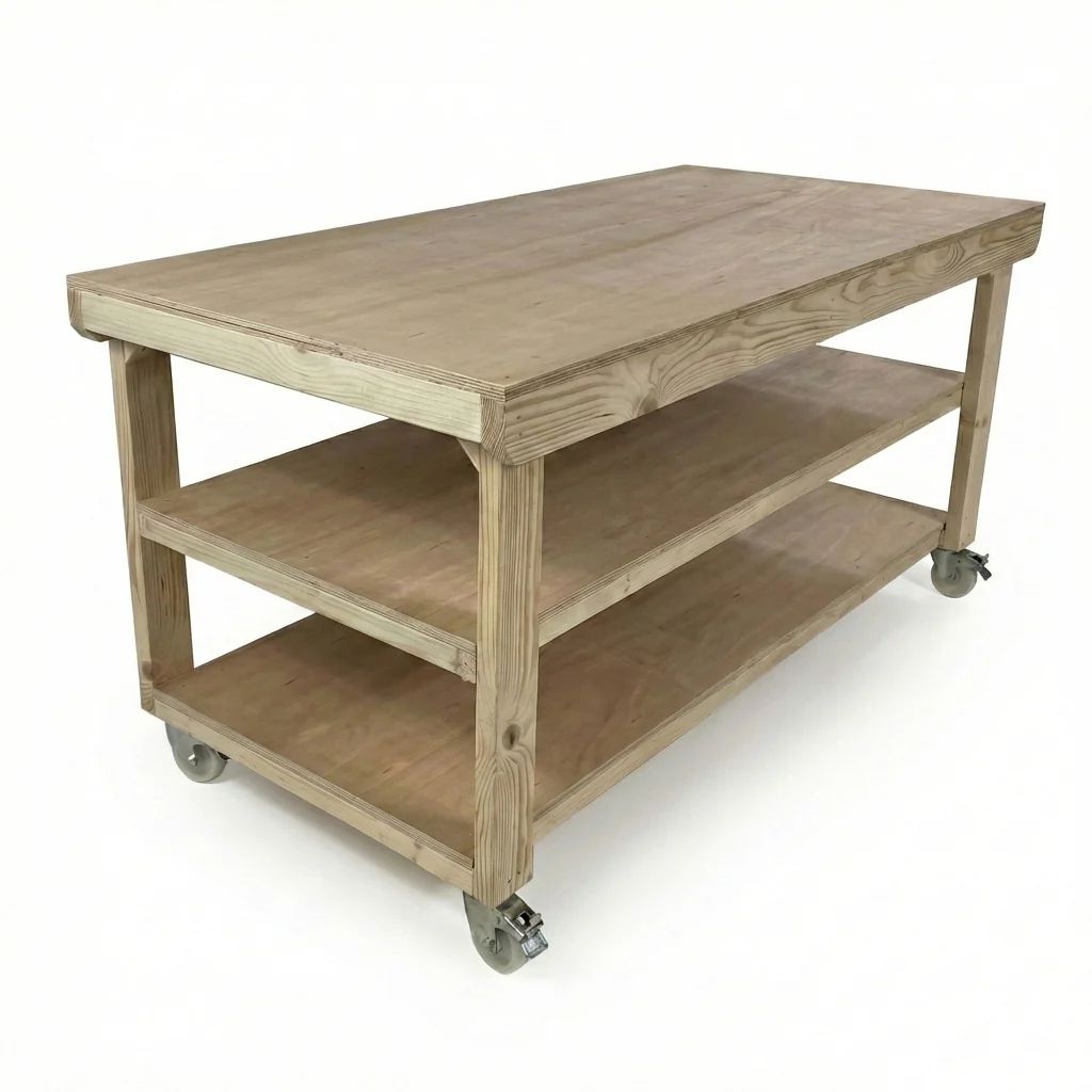 Wooden Workbench Eucalyptus Hardwood Top Depth-3ft Double Shelf and Wheels - Image 3