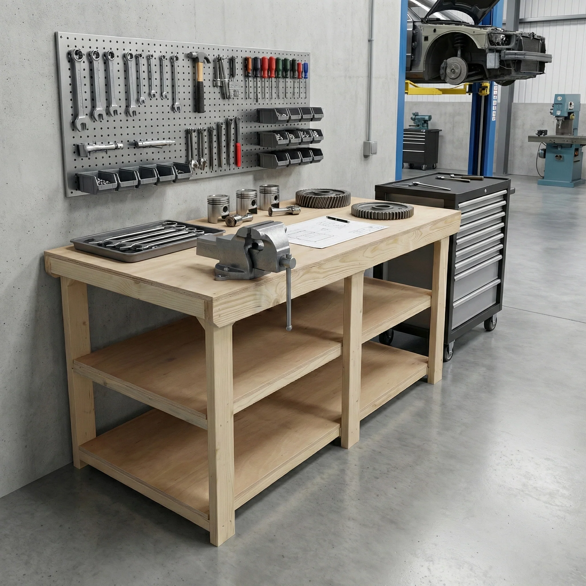 Wooden Workbench Eucalyptus Hardwood Top Depth-3ft with Double Shelf - Image 5