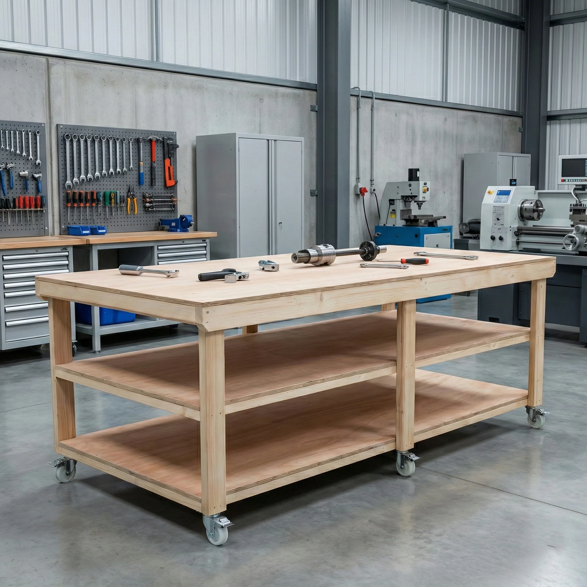Wooden Workbench Eucalyptus Hardwood Top Depth-4ft Double Shelf and Wheels - Image 3