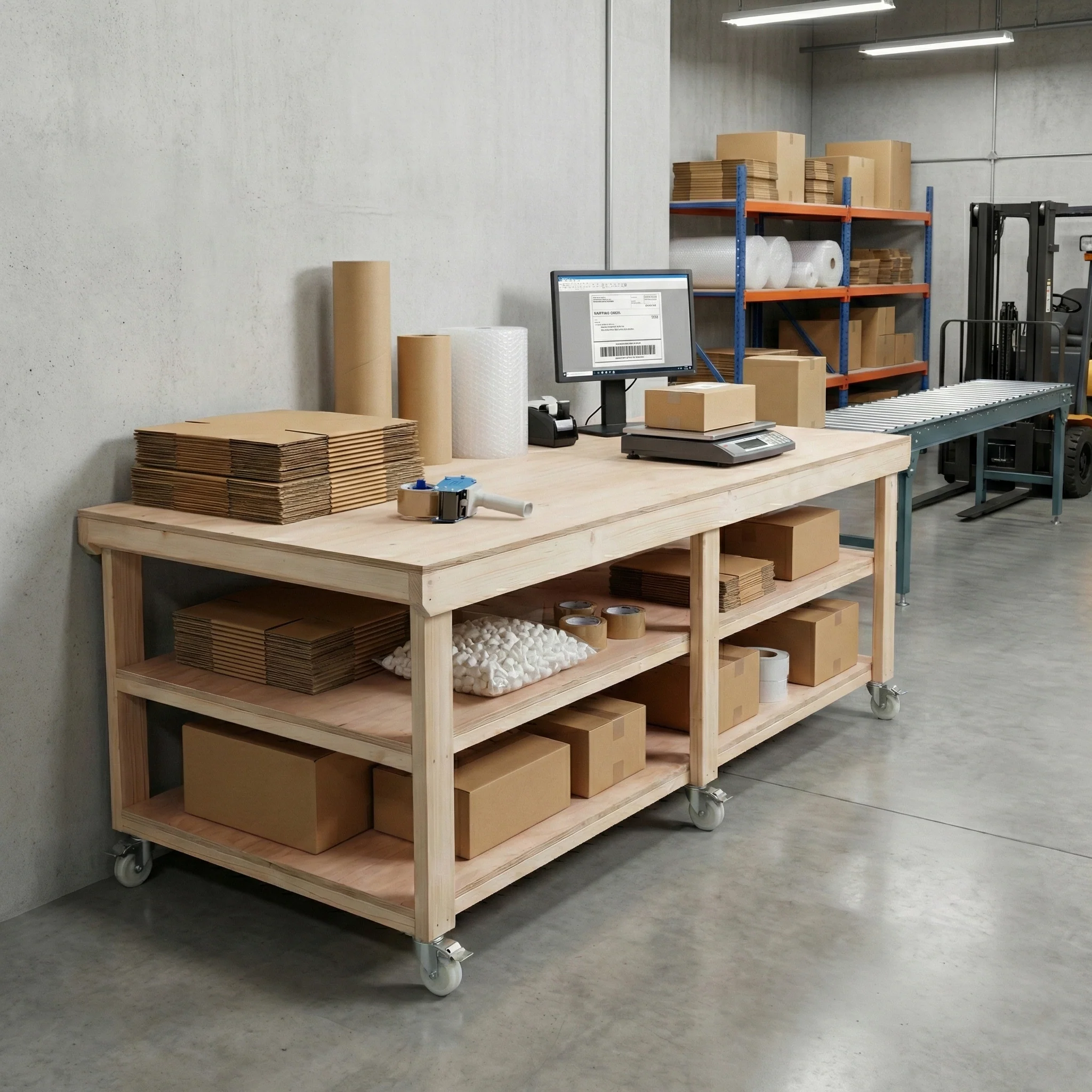 Wooden Workbench Eucalyptus Hardwood Top Depth-4ft Double Shelf and Wheels - Image 5