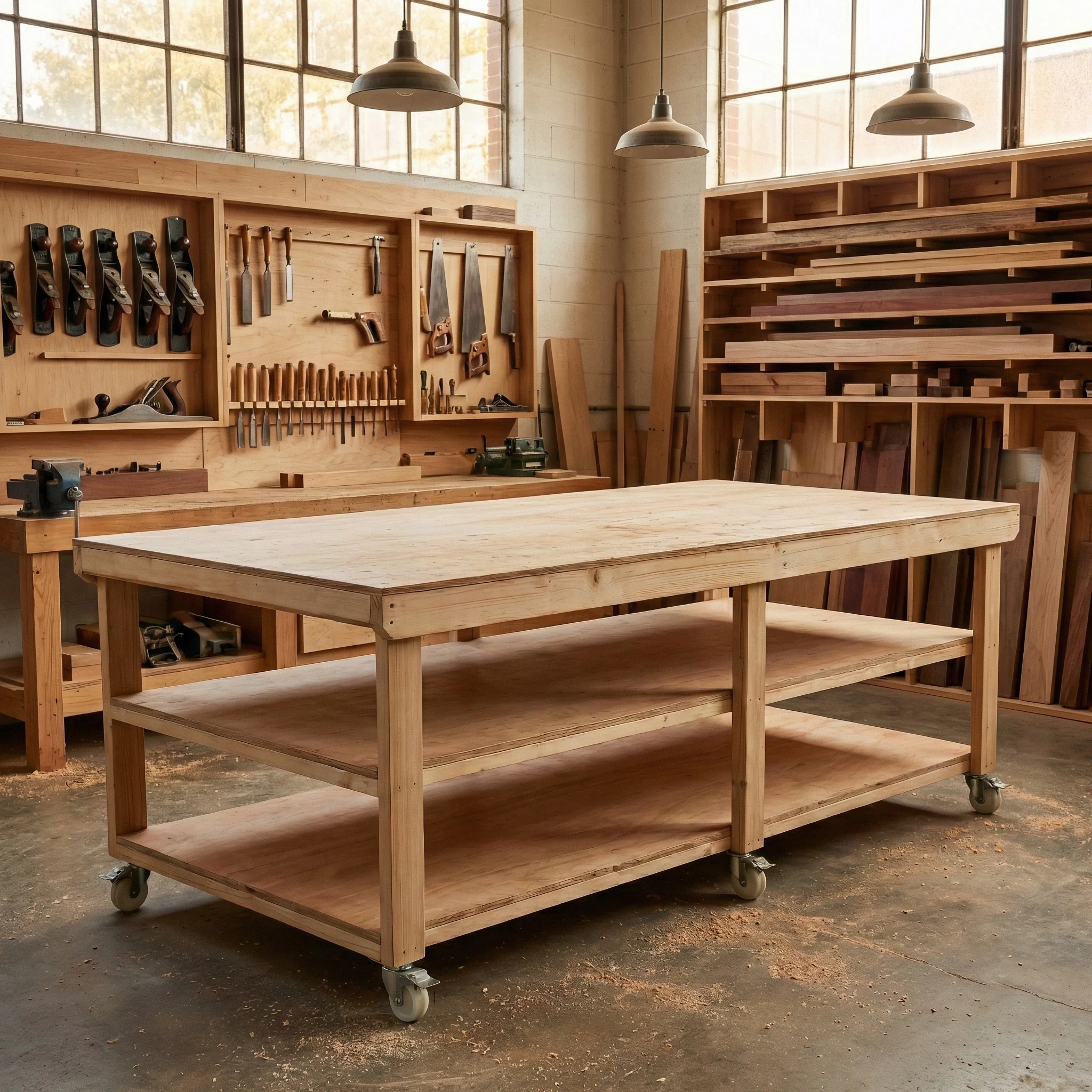 Wooden Workbench Eucalyptus Hardwood Top Depth-4ft Double Shelf and Wheels - Image 7