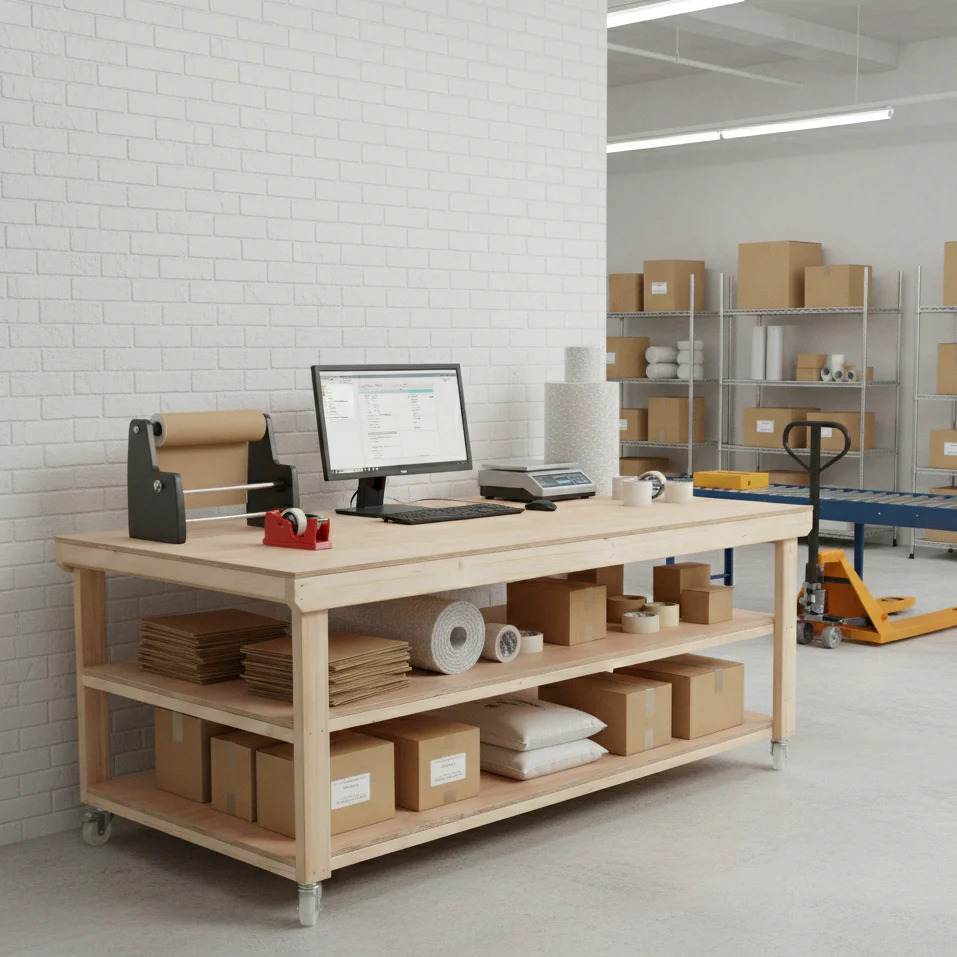Wooden Workbench Eucalyptus Hardwood Top Depth-4ft Double Shelf and Wheels - Image 8