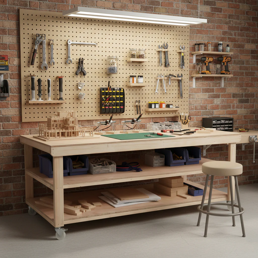 Wooden Workbench Eucalyptus Hardwood Top Depth-4ft Double Shelf and Wheels - Image 9