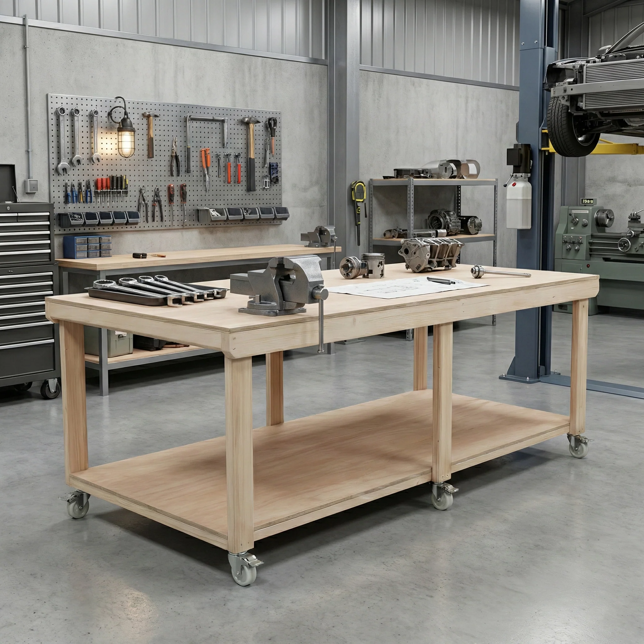 Wooden Workbench Eucalyptus Hardwood Top Depth-4ft with Wheels - Image 6