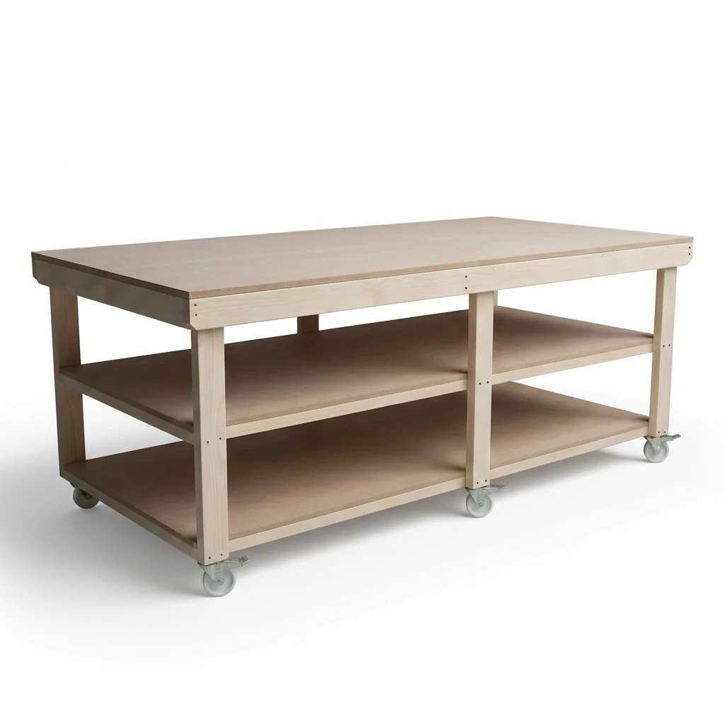 Wooden Workbench MDF Top Depth-4ft With Wheels and Double Shelf