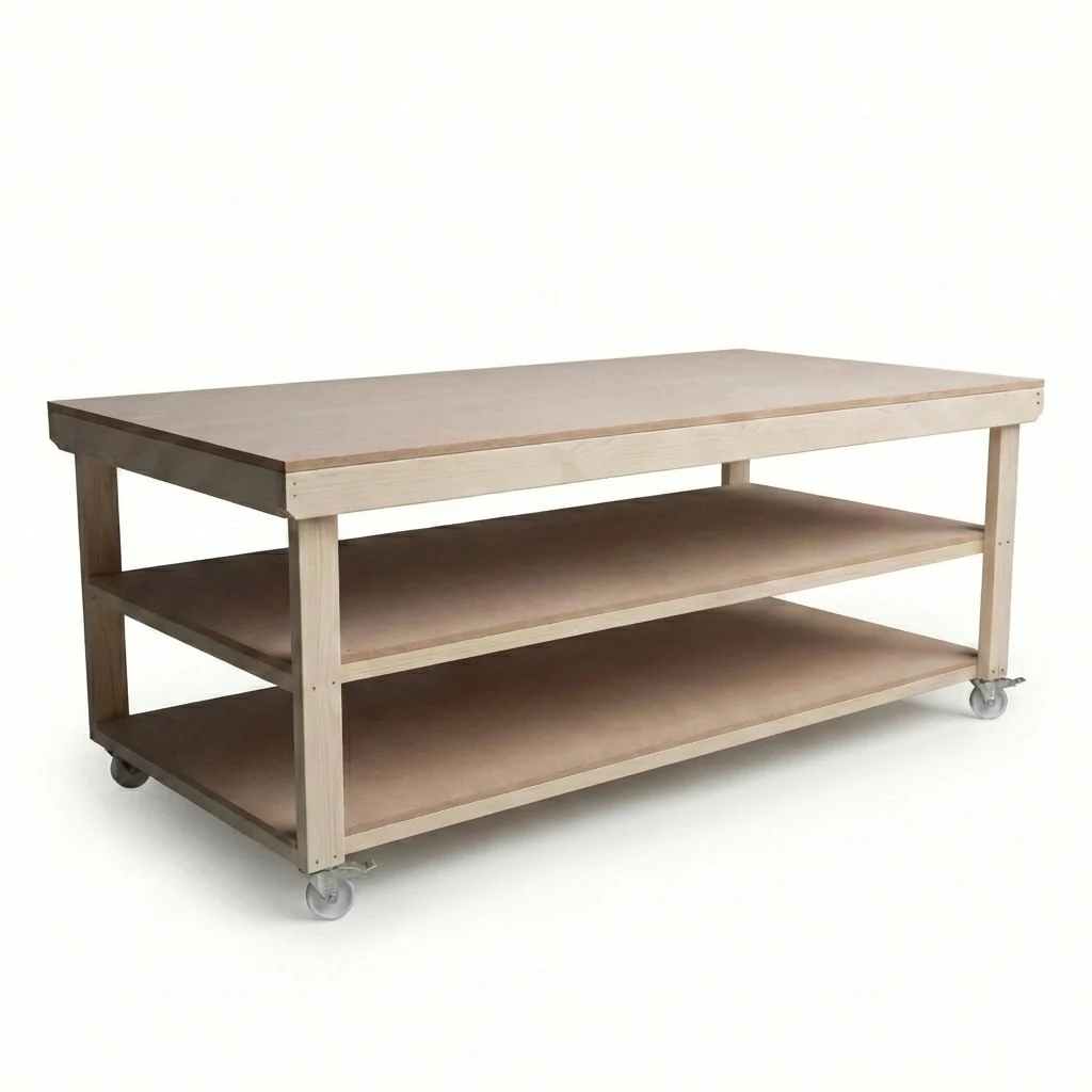 Wooden Workbench MDF Top Depth-4ft With Wheels and Double Shelf - Image 10