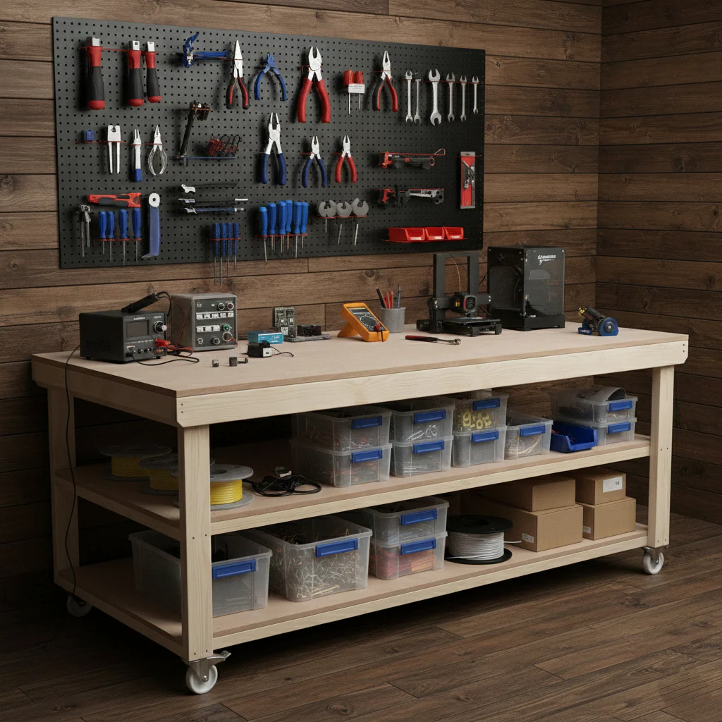 Wooden Workbench MDF Top Depth-4ft With Wheels and Double Shelf - Image 4