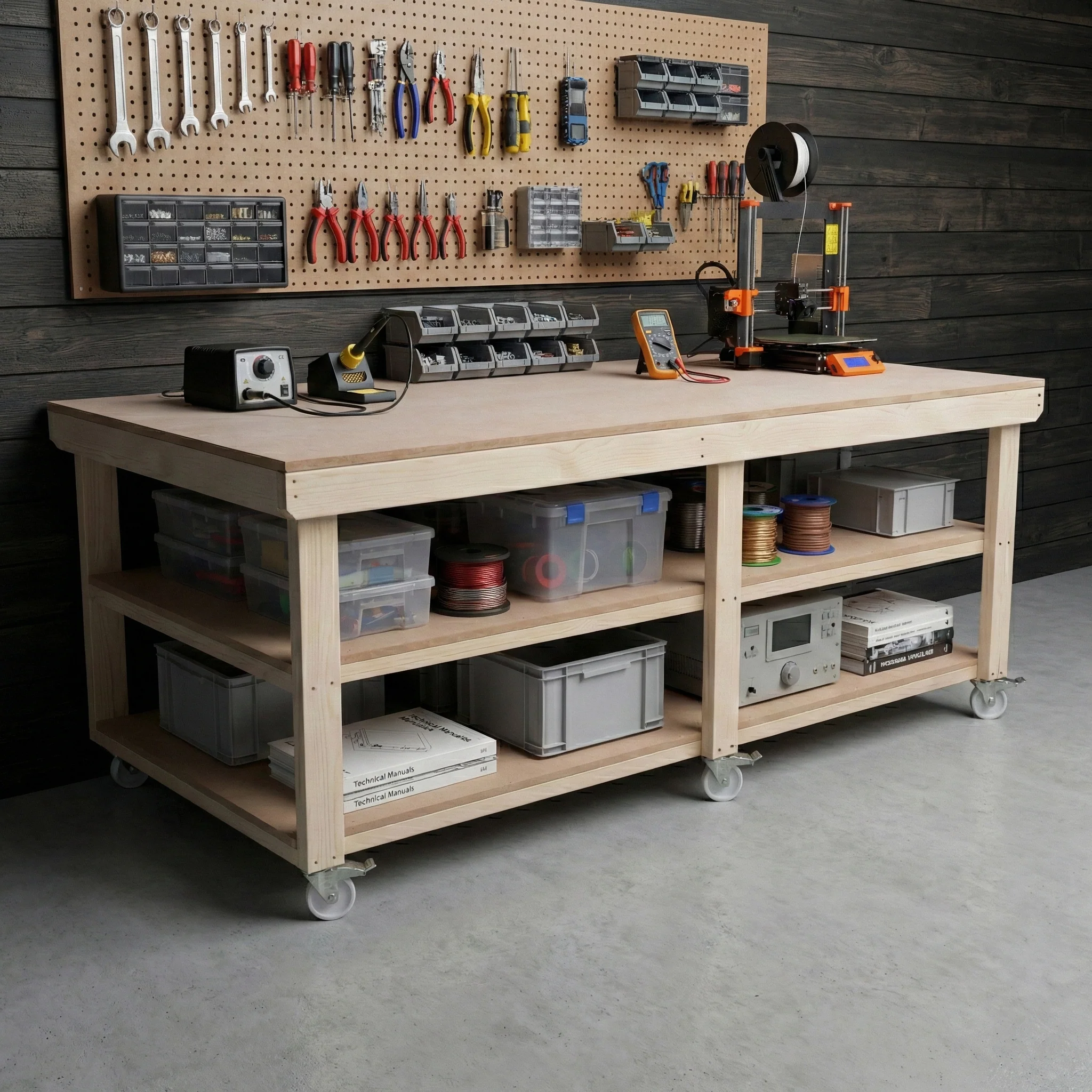 Wooden Workbench MDF Top Depth-4ft With Wheels and Double Shelf - Image 5