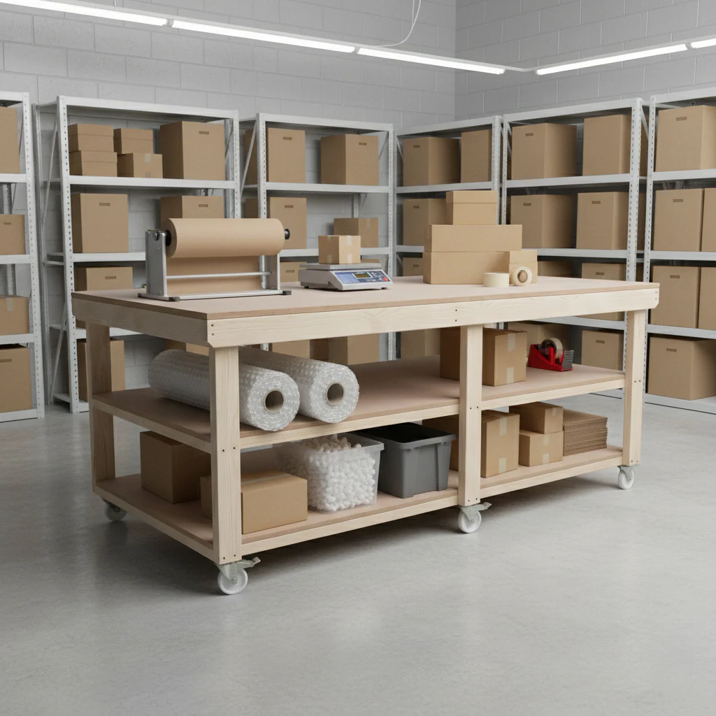 Wooden Workbench MDF Top Depth-4ft With Wheels and Double Shelf - Image 7